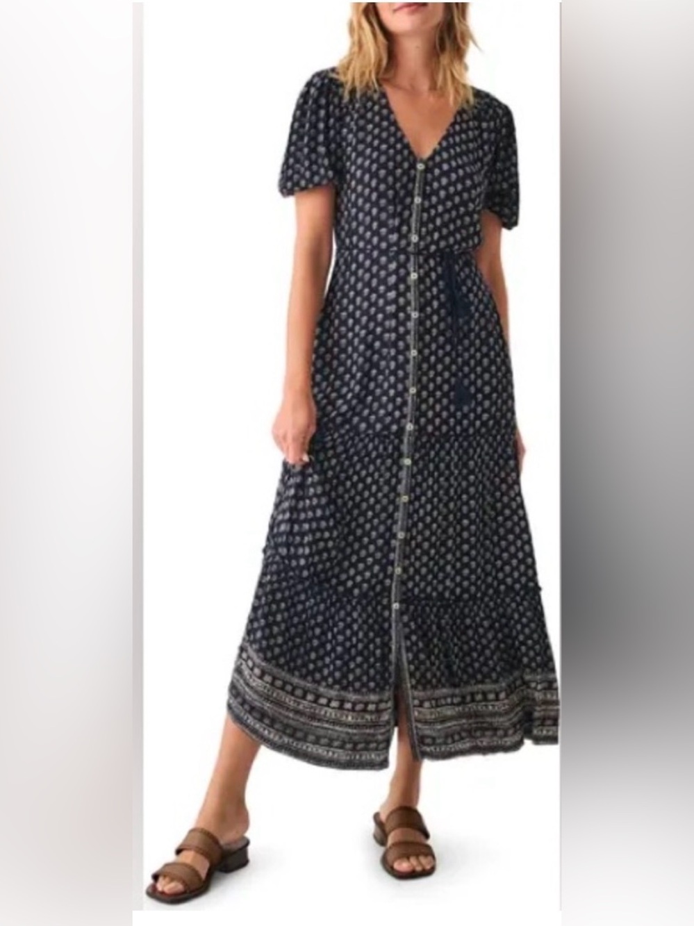 Faherty Orinda Maxi Dress in a navy and white floral print xxs